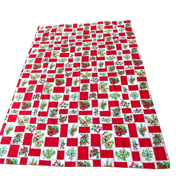 Christmas Holiday Tablecloth Rectangle Red Green White Poinsettia Pinecone Holly - Picture 1 of 5